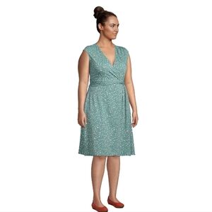 Lands End Faux Wrap Dress Modal Sage Teal White Leaf Floral Twist Summer Size 1X